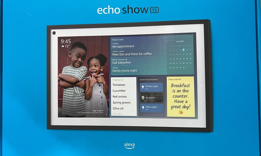 Amazon Echo Show 15 showing a family calendar and smart home controls